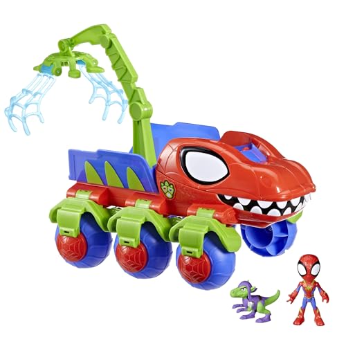 Spidey and his Amazing Friends Marvel Dino-Webs Crawler Toy Car Playset, Spider-Man & Goblin Raptor 4-Inch Action Figures, Kids Ages 3 & Up
