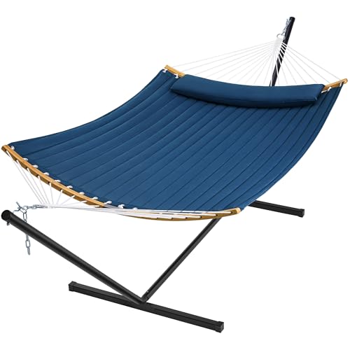 SUPERJARE Curved-Bar Hammock with Stand, 2 Person Heavy Duty Hammock Frame, Detachable Pillow & Portable Carrying Bag, Perfect for Outdoor & Indoor, Navy Blue