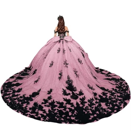 DXUOPL Sweetheart Gothic Quinceanera Dress Pink Black Lace Appliques Evening Gown Off Shoulder Prom Gown Sparkly Tulle 16th Birthday Dresses Size 02