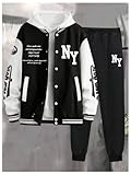 SOLY HUX Men's Tracksuit 2 Piece Outfits Color Block Letter Graphic Long Sleeve Varsity Jacket and Pants Set Black and White Letter Large