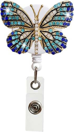 Blue Butterfly Rhinestones Retractable Badge Reel, Diamond Nurse Badge Holder Reels with Swivel Alligator Clip Badge Holders for Teachers Volunteers Employees Identification Badges and Supplies
