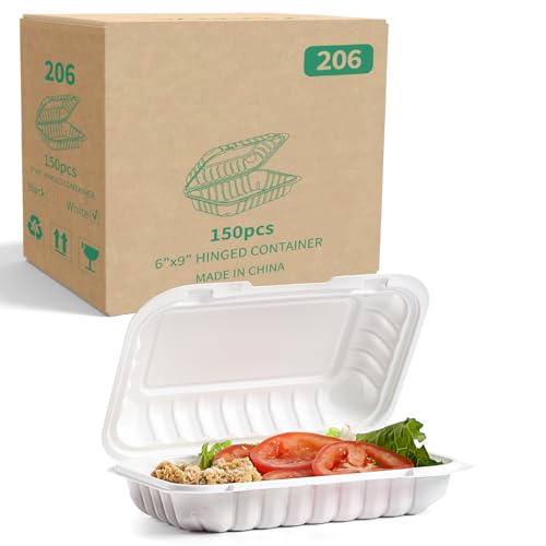 YANGRUI To Go Containers, Reusable 150 Pack 9 x 6 Inch 28 OZ Plastic Hinged Food Boxes Microwave Freezer Safe BPA Free MFPP Clamshell Take Out Container