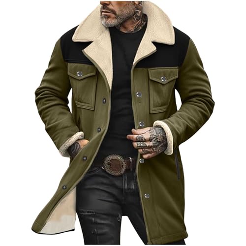 Men's Faux Shearling Sherpa Lined Overcoat Retro Faux Suede Trench Coat Notched Collar Pea Coat Button Down Outerwear abrigos para hombre de invierno con calentador