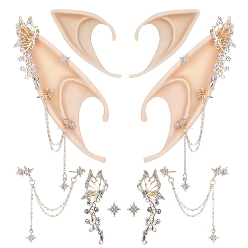 FRESHME Elf Ears with Piercings - Handmade Fairy Ears with Gold Butterfly Earrings Cuffs Elven Non Piercing Elven Ear Clips Wraps Women Christmas Renaissance Halloween Custome Cosplay Photoshoot Accessories