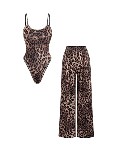 Milumia Women's 2 Piece Outfits Leopard Print Bodysuit and Long Pants Set Brown Medium