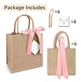 6 Pack Burlap Tote Bags with Handles Reusable Small Jute Gift Bags with Pink Silk Ribbons Waterproof Lining for Wedding Bridesmaid Mother's Day Bachelorette Beach Party