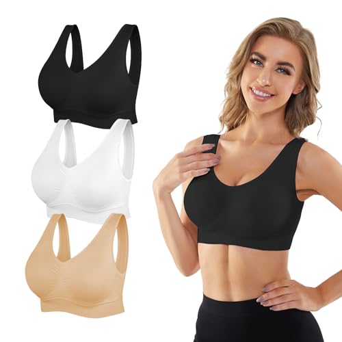 YADIFEN 3 Pack Womens Sports Bras，Wireless Comfortable Seamless Sleep Yoga Sports Bras for Women with Removable Pads