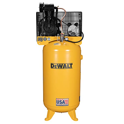 DEWALT 80 Gallon Vertical Air Compressor with 2 Stage Oil Lubricated Pump, Heavy Duty 240V Induction Motor, 175 Max PSI, 14.6 SCFM @ 100 PSI, Durable and efficient, Ideal for Industrial Use.