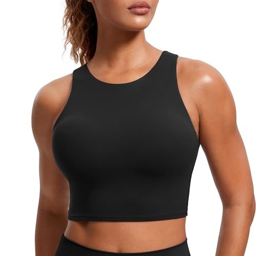 CRZ YOGA Butterluxe Racerback High Neck Longline Sports Bras for Women - Padded Workout Crop Tank Tops with Built in Pads Black Medium