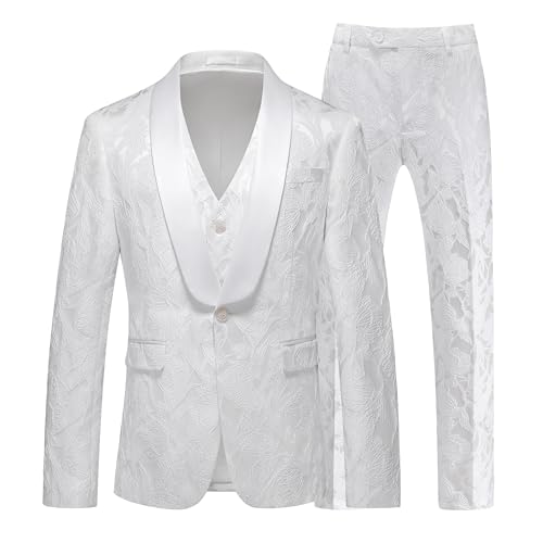 MOGU Mens 3 Piece Floral Suit Jacquard Dress Tuxedo Suit Set for Wedding Prom Jacket Vest Pants with Bow Tie Size L White