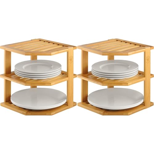 Bambüsi Plate Organizer for Cabinet - 2 Pack Bamboo Corner Shelf for Kitchen or Bathroom Storage, Space-Saving Rack for Dishes, Countertop, Cabinet, Pantry, or Small Shelf Organization