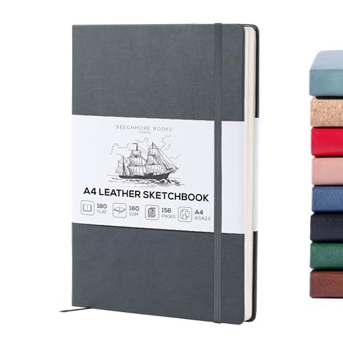 Beechmore Books A4 Sketchbook – 8.5x11 Premium Vegan Leather Bound Large Sketch Book Hardcover with 156 Thick 160gsm Perforated Ivory Pages, Blank Sketch Pad, Gift Boxed, Back Pocket, Ribbon Bookmark