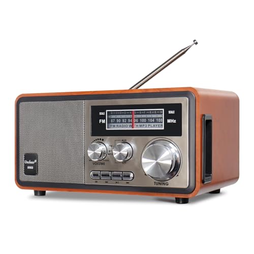 Oncheer Retro Vintage Wood Bluetooth FM Home Radio, 15W Subwoofer Stereo Speaker, Battery Powered Radios with Antenna Best Reception, Support TF Card/USB Player/AUX in