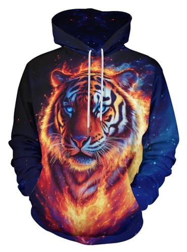 GLUDEAR Unisex 3D Tiger Print Athletic Pullover Hoodies Men Women Cool Animal Graphics Hooded Sweatshirts,Blue Galaxy Fire Tiger,L