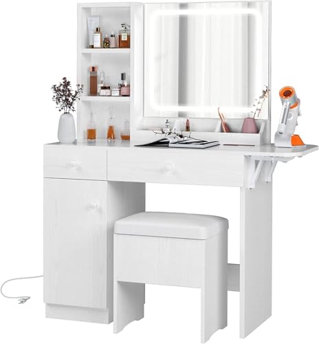 IRONCK Vanity Desk with LED Lighted Mirror & Power Outlet, Makeup Table with Drawers & Cabinet,Storage Stool,Dressing Table for Bedroom, White
