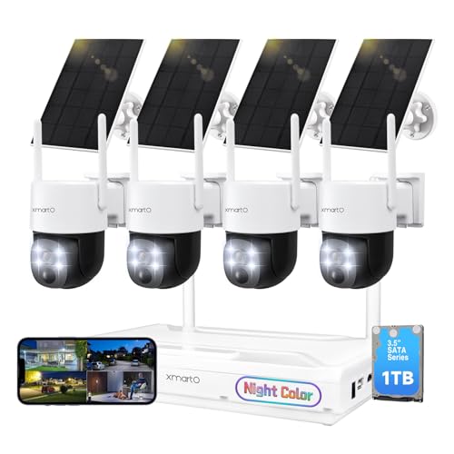 [Night Color] XMARTO 2K HD Wireless Solar Security Camera System with Starlight Color Night Vision, PTZ Control, Long Range WiFi6, Easy Mobile View, HDMI View on Monitor/TV, 0 Monthly Fee, 1TB HDD