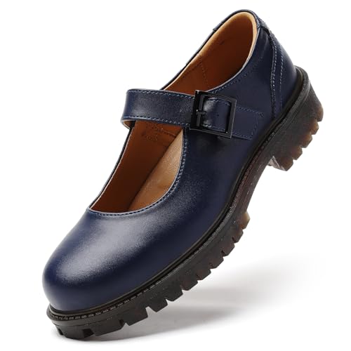 XMM Mary Jane Shoes Women Flat Blue Platform Mary Janes for Womens Leather Oxford Saddle Loafers Orthopedic Comfort Ladies Flats Dressy Casual School Girls Cute Non-Slip Work Shoes Size 9.5