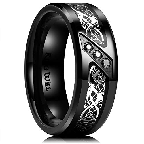 King Will GEM 8mm Black Fiber Paper with Zircon Inlay Titanium Ring Celtic Dragon Comfort Fit Wedding Band 10.5