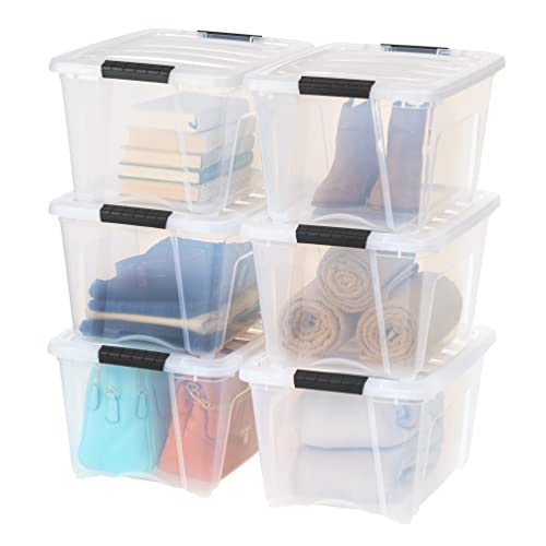 IRIS USA 32 Qt Stackable Plastic Storage Bins with Lids, 6 Pack - BPA-Free, Made in USA - See-Through Organizing Solution, Latches, Durable Nestable Containers, Secure Pull Handle - Clear