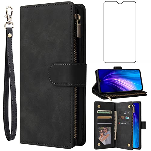 Asuwish Compatible with Xiaomi Redmi Note 8 Pro Wallet Case Tempered Glass Screen Protector and Leather Flip Cover Card Holder Stand Cell Accessories Phone Cases for Redme Note8 8pro Women Men Black