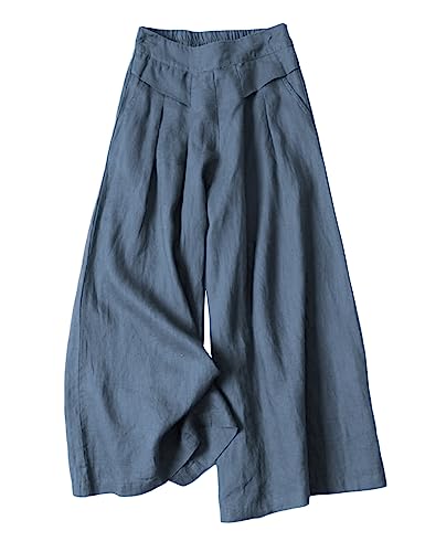 Hooever Women's Cotton Linen Culottes Pants Elastic Waist Wide Leg Palazzo Trousers Capri Pant (Blue-L)