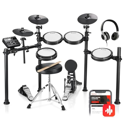Donner DED-200 Electric Drum Sets with Quiet Mesh Drum Pads, 2 Cymbals w/Choke, 31 Kits and 450+ Sounds, Throne, Headphones, Sticks, USB MIDI, Melodics Lessons (5 Pads, 3 Cymbals)