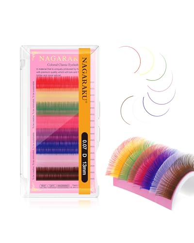 NAGARAKU Colored Eyelash Extensions 8 Colors Rainbow 0.07mm D curl 13mm Purple Blue Pink Brown Individual Lashes Color Lash Clusters Soft Natural Professional Salon Supplies