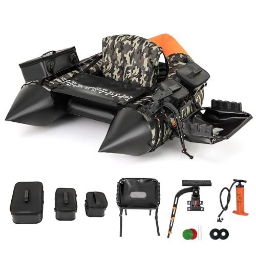 GYMAX Fishing Float Tube, Inflatable Fishing Boat w/ 3 Detachable Storage Boxes, Fish Finder Holder, Rod Rack, Storage Basket, Fish Ruler, Manual Pump, Portable Adult Belly Boat (Camouflage)