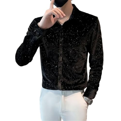 Mens Sequins Tops Turndown Collar Long Sleeved Chemise Homme De Luxe Slim Club Blouse Shirt Black L