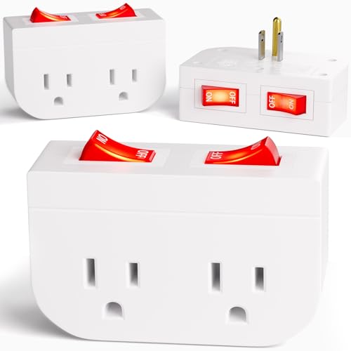 3Pack - POWAWINI Grounded Outlet with Double On Off Switch, Two Port Electrical Outlet Plug Switch, Wall Tap Adapter with Daul Red Indicator, 1875W,15A, ETL Listed (White)