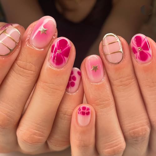 Summer Short Almond Press on Nails Cute Pink Fake Nails Gold Lines False Nails with Flower Designs Glossy Acrylic Nails for Women Girls 24 Pcs