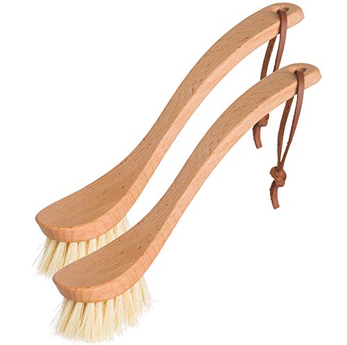 REDECKER Curved Dish Brush - Natural Tampico Fiber Bristles, Ergonomic Design with Oiled Beechwood Handle 9-1/4 inches, Set of 2 - Natural Bristle Kitchen Brush with Handle, Made in Germany