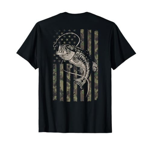 Fishing Camo American Flag Bass Fish (Design on Back) T-Shirt