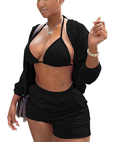 MOEENCN Women Sweatsuits Sets 3 Piece Outfits, Velvet Tracksuit Long Sleeve Hooded Zipper Jacket and Velvet Shorts Send Bra Black L