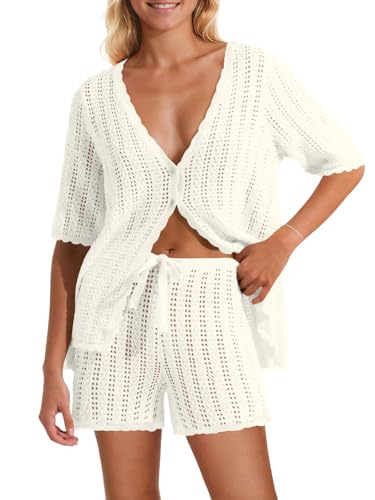 Saodimallsu Womens Crochet Swimsuit Cover Up Short Sleeve V Neck Knit Cardigan Shorts Sets 2 Piece Beach Outfits White