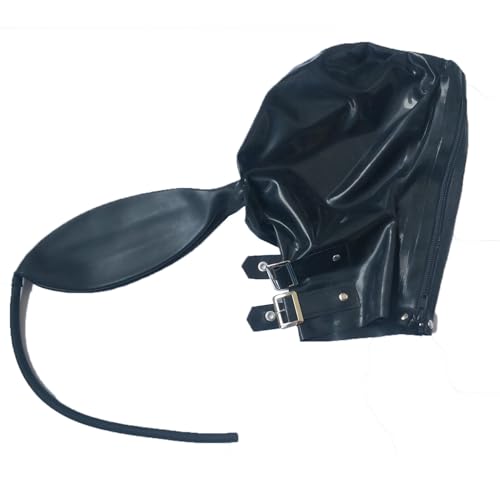 Unisex Black Latex Mask with Breathing Bag,Rubber Hood Mask,Adjustable Neck and Back Zipper,for Novelty Latex Club-XXL