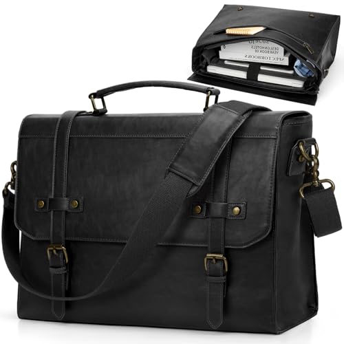 RAINSMORE Mens Messenger Bag 17 Inch Waterproof Vintage Leather Laptop Briefcase Large Laptop Bag Satchel Bag Computer Shoulder Bag for Office Business Travel College,Brown