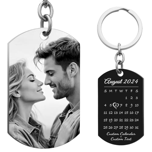 Queenberry Custom Photo Keychain for Husband Boyfriend Laser Engraved Personalized Calendar Date Text Picture Gift for Valentines Day Anniversary