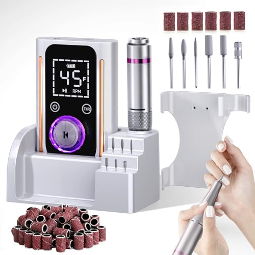 Nail Drill, Portable Electric Nail File 45000RPM Electric Nail Drill, Cordless Nail Drill Professional with Bits&Base, for Acrylic Gel Nails, Nail E-File Machine, Manicure Polishing, for Salon Home