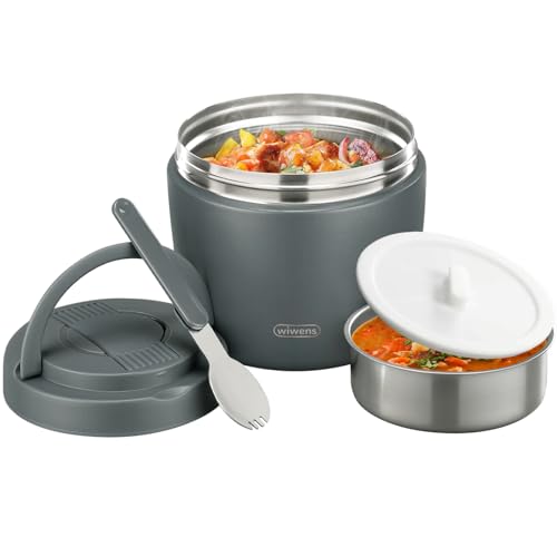 wiwens Thermo Food Jar for Hot Food Adults 32OZ Soup Thermo Lunch Containers Wide Mouth Vacuum Insulated Stainless Steel Leakproof Bento Box with Spoon (Grey)