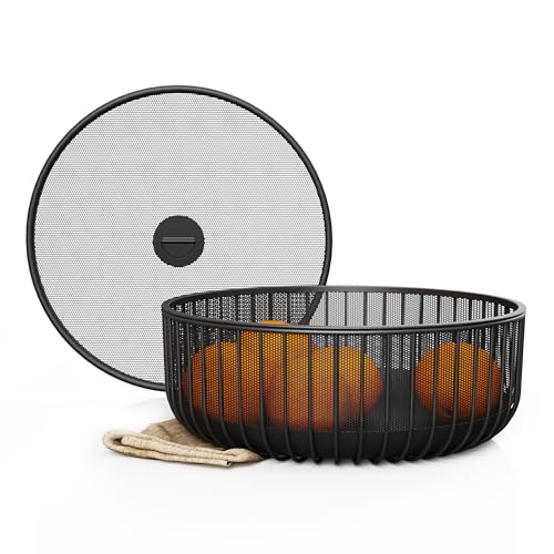 LIBKEN Metal Fruit Bowl with Mesh Lid and Basket - Fruit and Vegetable Holder For Kitchen Counter - Countertop Display Baskets Organizer - Bowl Storage for Veggie, Fruits, Snack, and Banana - Black