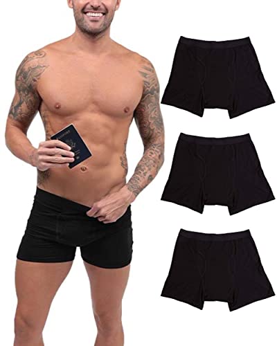 iHeartRaves Men's Anti-Theft Boxer Briefs with Pocket 3-Pack - Comfortable Inside Pocket Boxer Brief Underwear with Pouch Lining Undies Multipack (Black, Large)