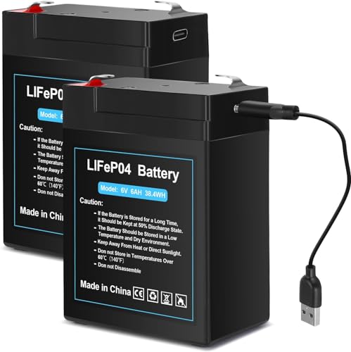 TOPUSSE Upgraded Rechargeable 6V 6Ah LiFePO4 Battery with USB Charge Design, 6 Volt Lithium Battery 2000+ Cycles with BMS (F1 Terminals) for Ride On Toys, Deer Feeder 2 Pack
