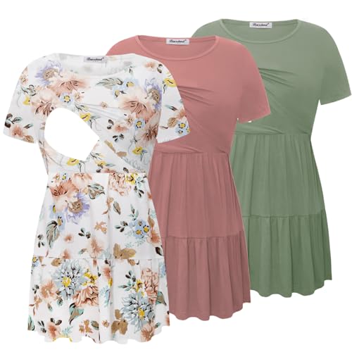 Bearsland Women’s Nursing Top 3pack Short Sleeve Scoop Neck Nursing Shirt Breastfeeding Shirts, Grayish Green & Rose Pink & Brown Flowers, L