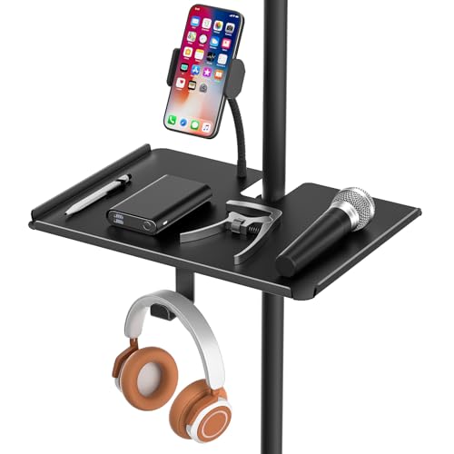 Chunxiao Metal Microphone Stand Tray with Mic Stand Phone Holder - 11.7" x 7.8" Functional Large Mic Stand Tray Shelf for Studio, Concert, Karaoke Clamp on Music Stand Shlef Attachment