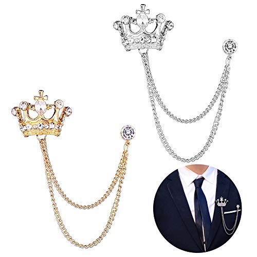 2PCS Men's Crown Hanging Chain Brooch with Stone Detailing, Engraving, Metal Crystal, Suit Stud Lapel Pin, Vintage Rhinestone Breastpin Wedding Brooch Pin, Gold and Silver