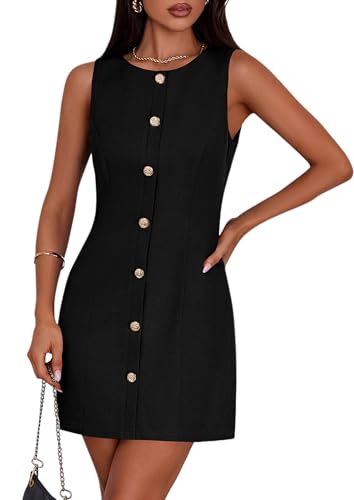 PRETTYGARDEN Work Dresses for Women 2025 Summer Business Formal Short Dress Sleeveless Button Down Elegant Office Outfits (Black,X-Large)