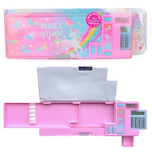 Hot Focus Unicorn Pencil Case – Cool Multifunction Mechanical Pencil Box for Girls, 2 Compartments w/Pop-Out Calculator & Sharpener, Unique Stationery Set, Perfect Stationery Gift for Kids & Teens.