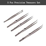 Grteark 5Pcs Precision Tweezers Set, Flat/Pointed/Curved Angled Locking Long Tweezers for Crafts, Medical Surgical, Lab, Soldering, Jewelry Crafting, Watch & Electronics/Car Repair,Splinter Removal