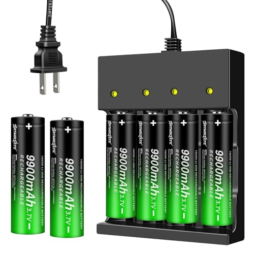 6pcs 18650 Rechargeable Batter￵y W￵i￵th 18650 Battery Charger,Button Top 9900mAh 3.7 Volt Lithium Battery for Headlamps,Led Flashlights, Outdoor Garden Lights etc